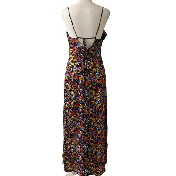 Lost+Wander Black Floral Ruffle Asymmetrical Hi Low Tie Back Midi Dress S New - Picture 3 of 12